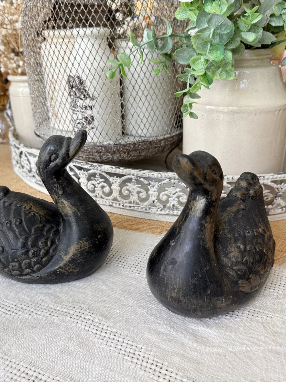 Vintage MCM Swan Figurine Pair • Black Matte with Gold Accent